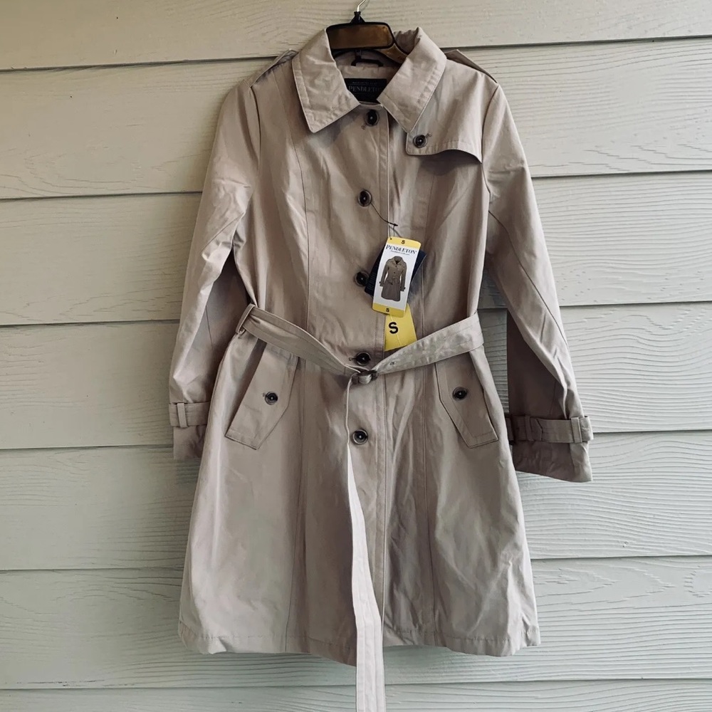 NEW Pendleton Beige Trench Coat Jacket size Small Plaid Lining Belted Buttons